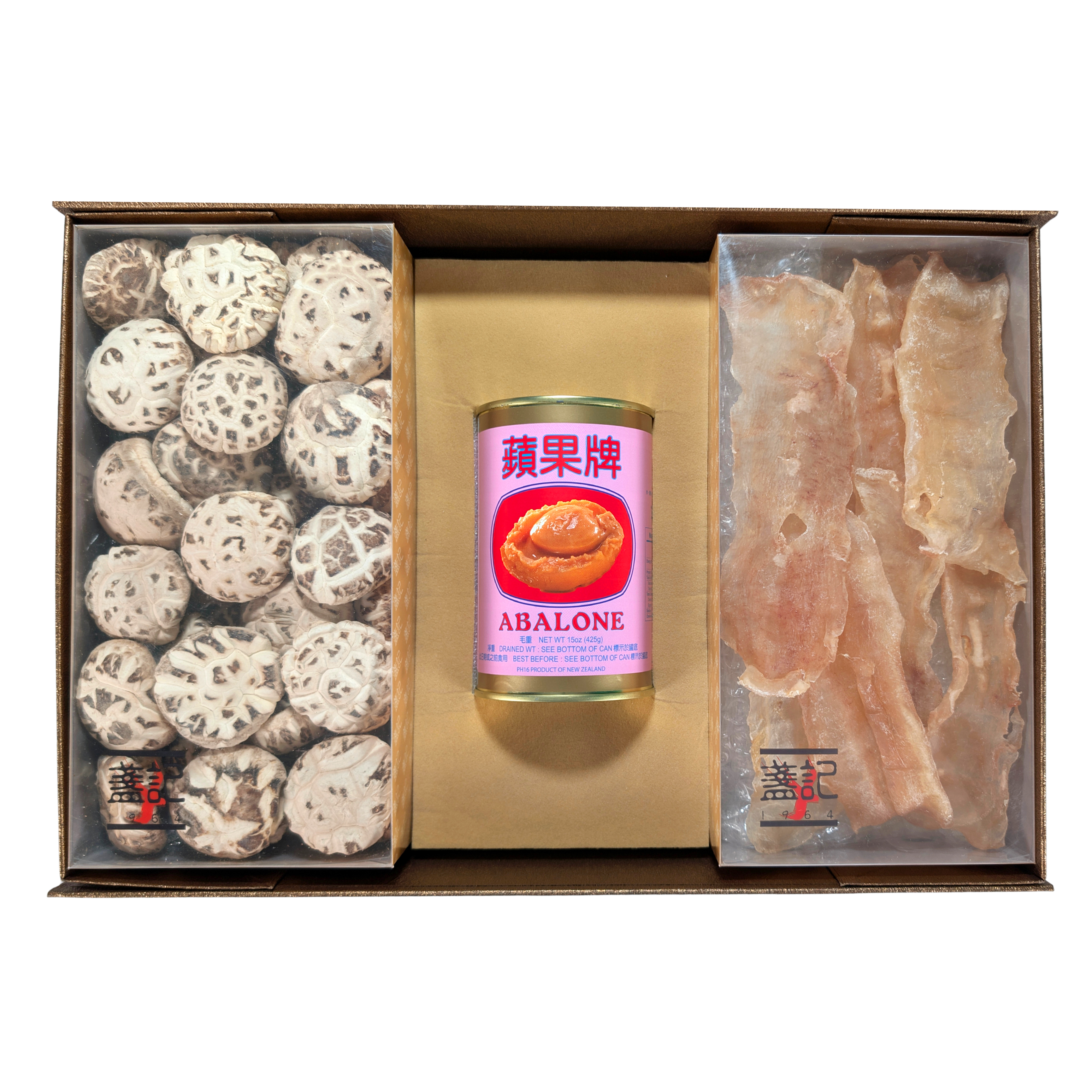 豪華鮑魚海味三寶禮盒 (紐西蘭膠+紐西蘭蘋果鮑魚+特選天白花菇)