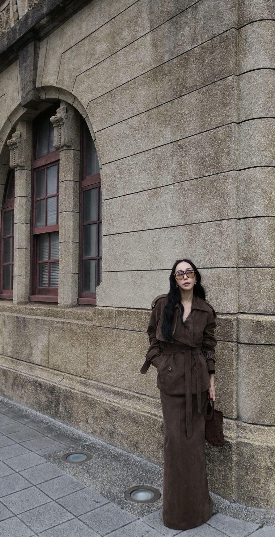 翻領麂皮套裙-單長裙(黑色現貨)