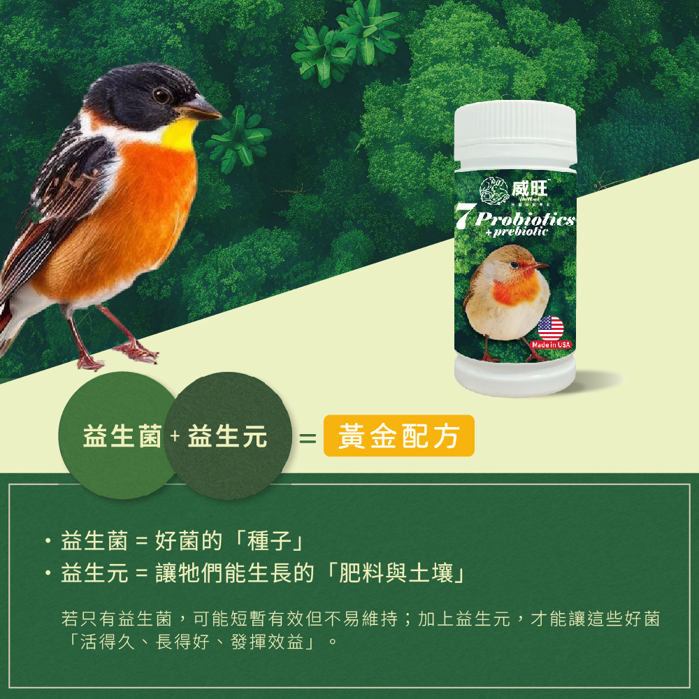 威旺WeWant 雀鳥益生菌+益生元-超能7菌30g，添加益生菌+益生元，雙管齊下雙重功效