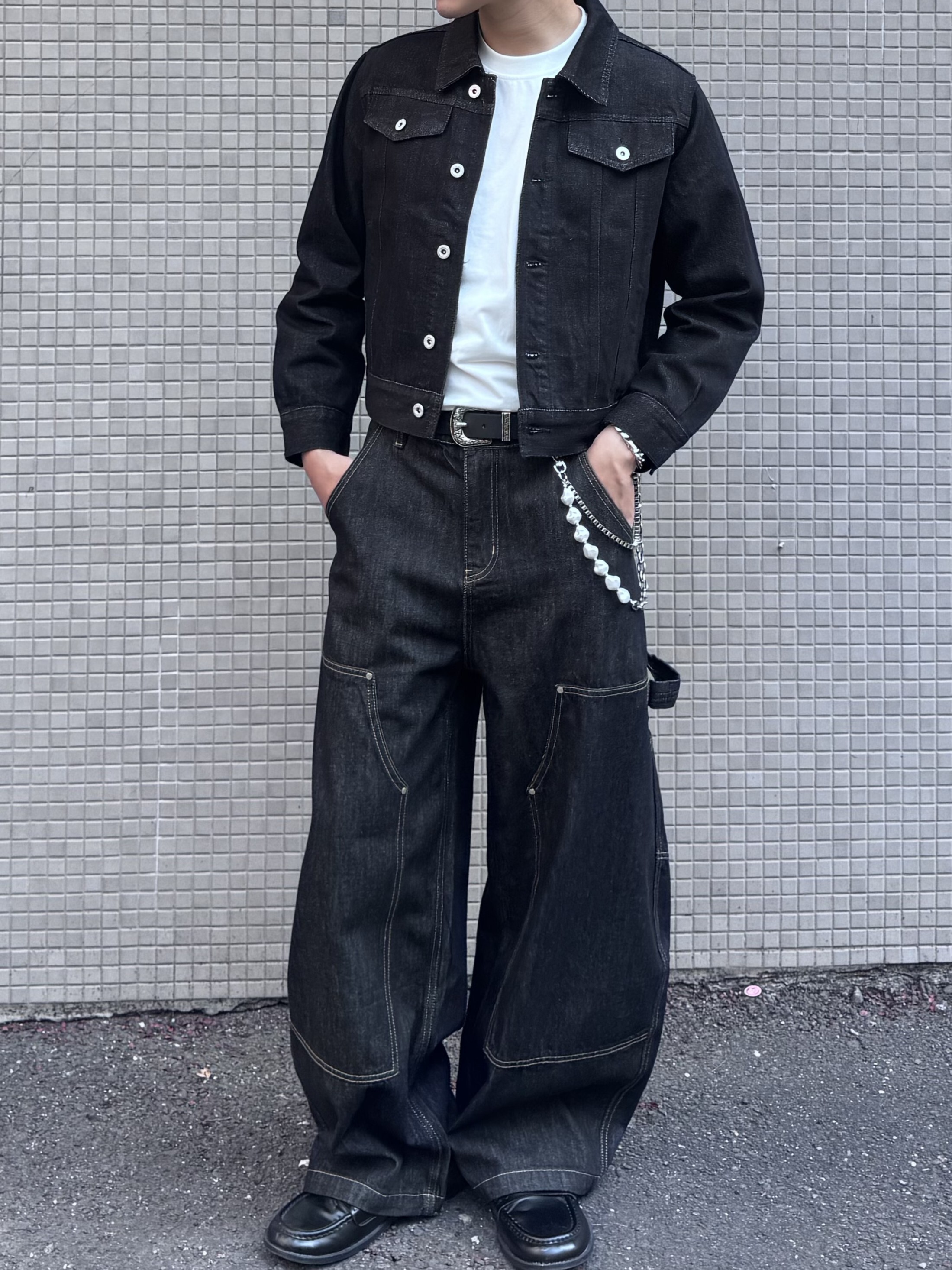 （現貨）NJ259 美式立體拼接車線牛仔彎刀褲