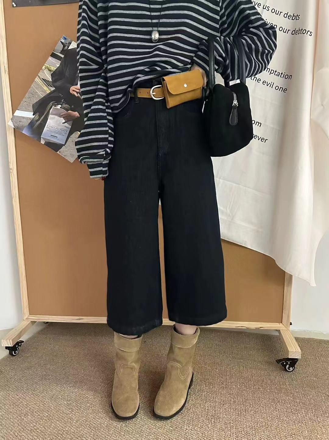 Nellie&Co.日系厚暖磨毛過膝寬版牛仔褲