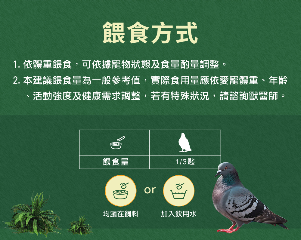 威旺WeWant 鴿子益生菌＋益生元-超能7菌30g的餵食方式，可撒入鳥飼料或混入飲水，維持腸道健康