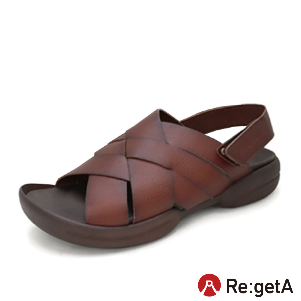 大阪樂步健康鞋 Re:getA手染編織交叉帶魔鬼氈後帶涼鞋R234M(BRN-咖啡色)