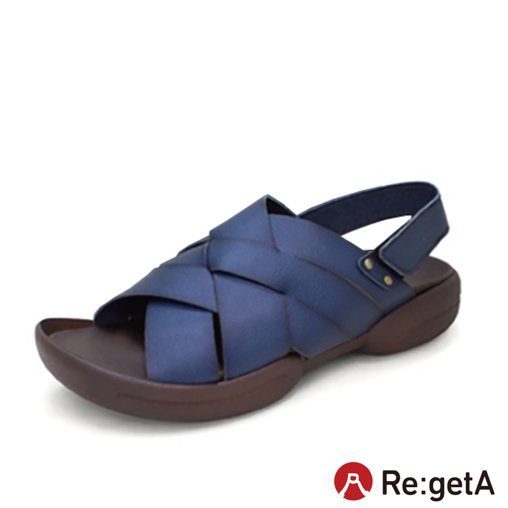 大阪樂步健康鞋 Re:getA手染編織交叉帶魔鬼氈後帶涼鞋R234M(NVY-海軍藍)