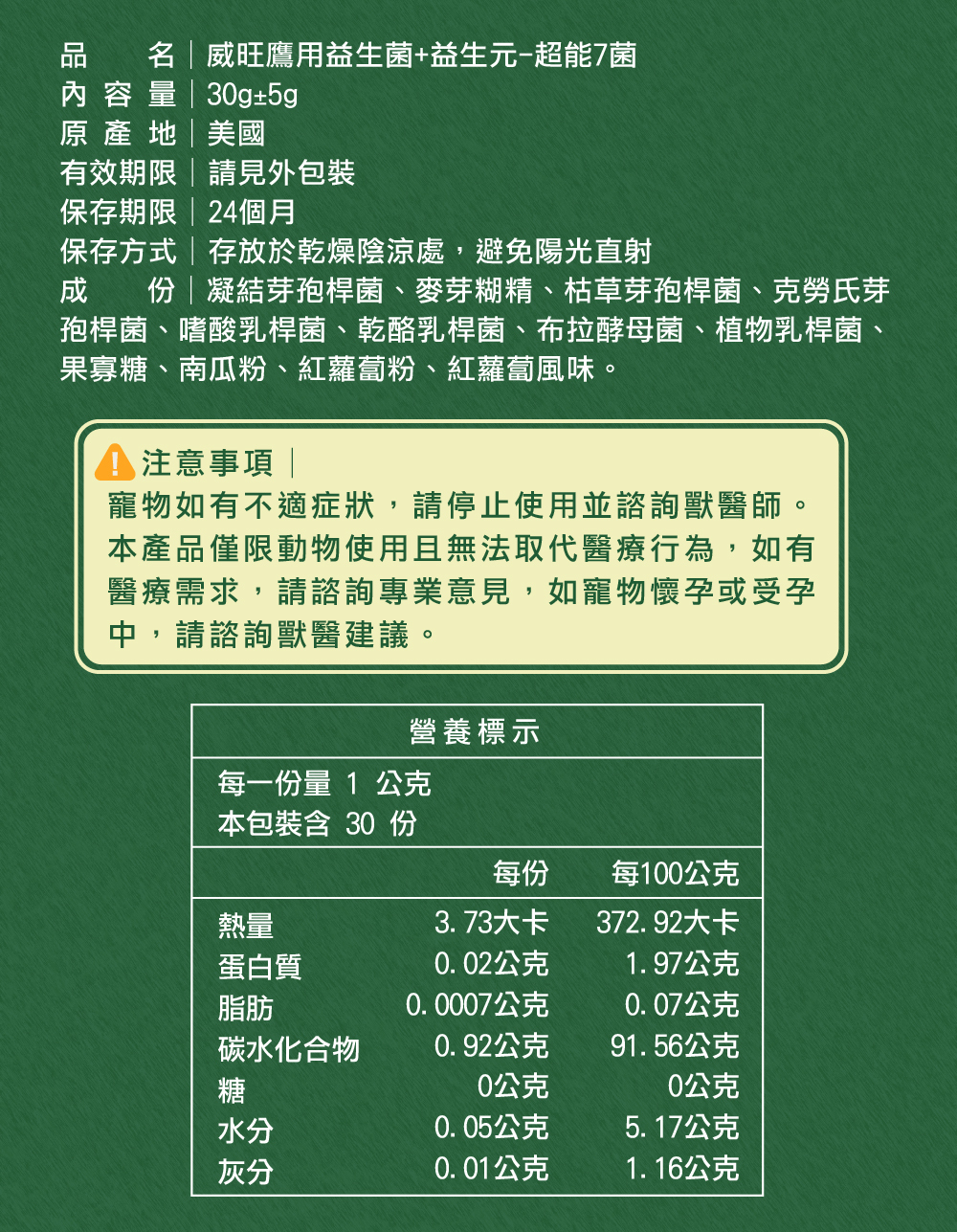 威旺WeWant 老鷹益生菌＋益生元-超能7菌30g的成分詳細說明與介紹