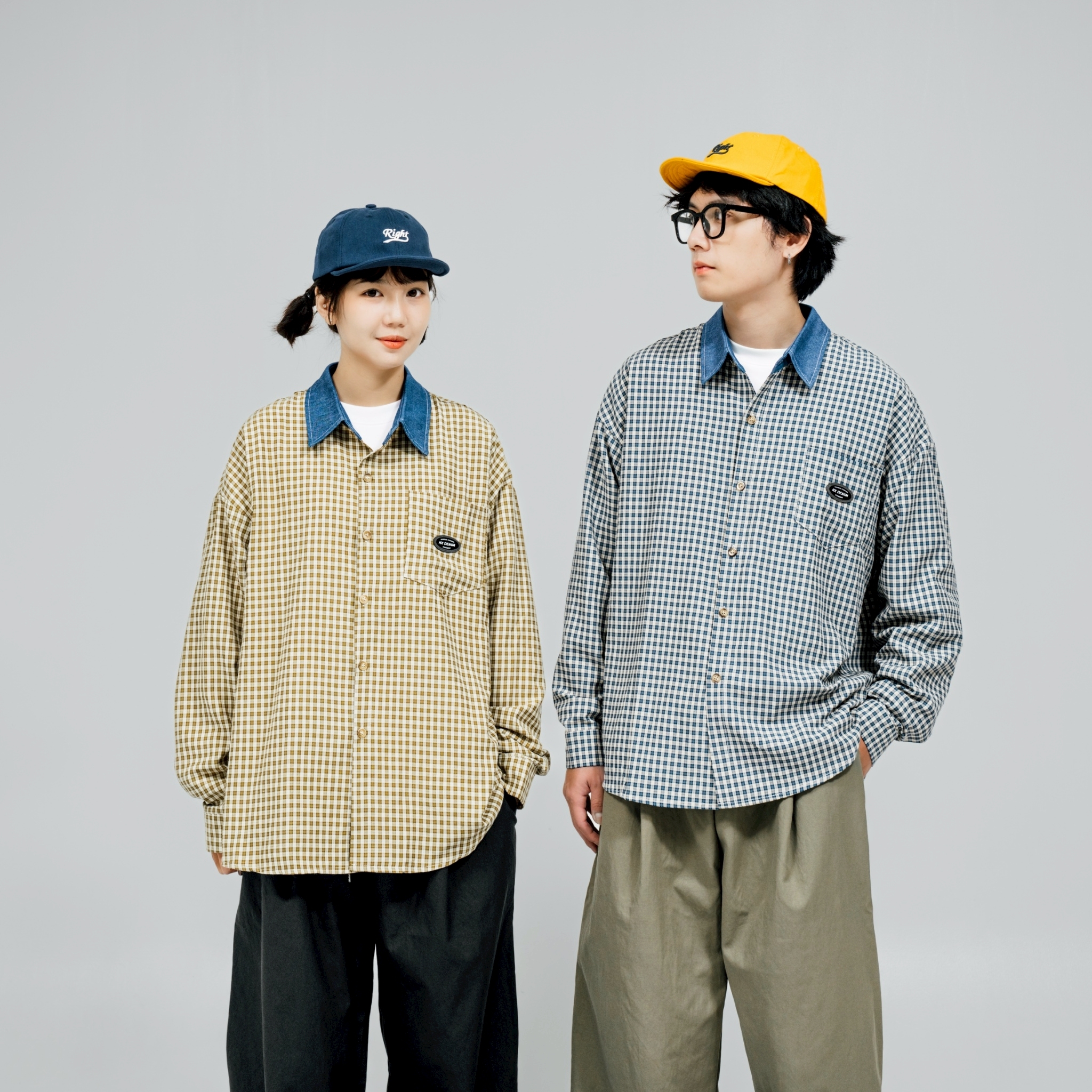 SBG 撞色牛仔領格紋長袖襯衫 V0007