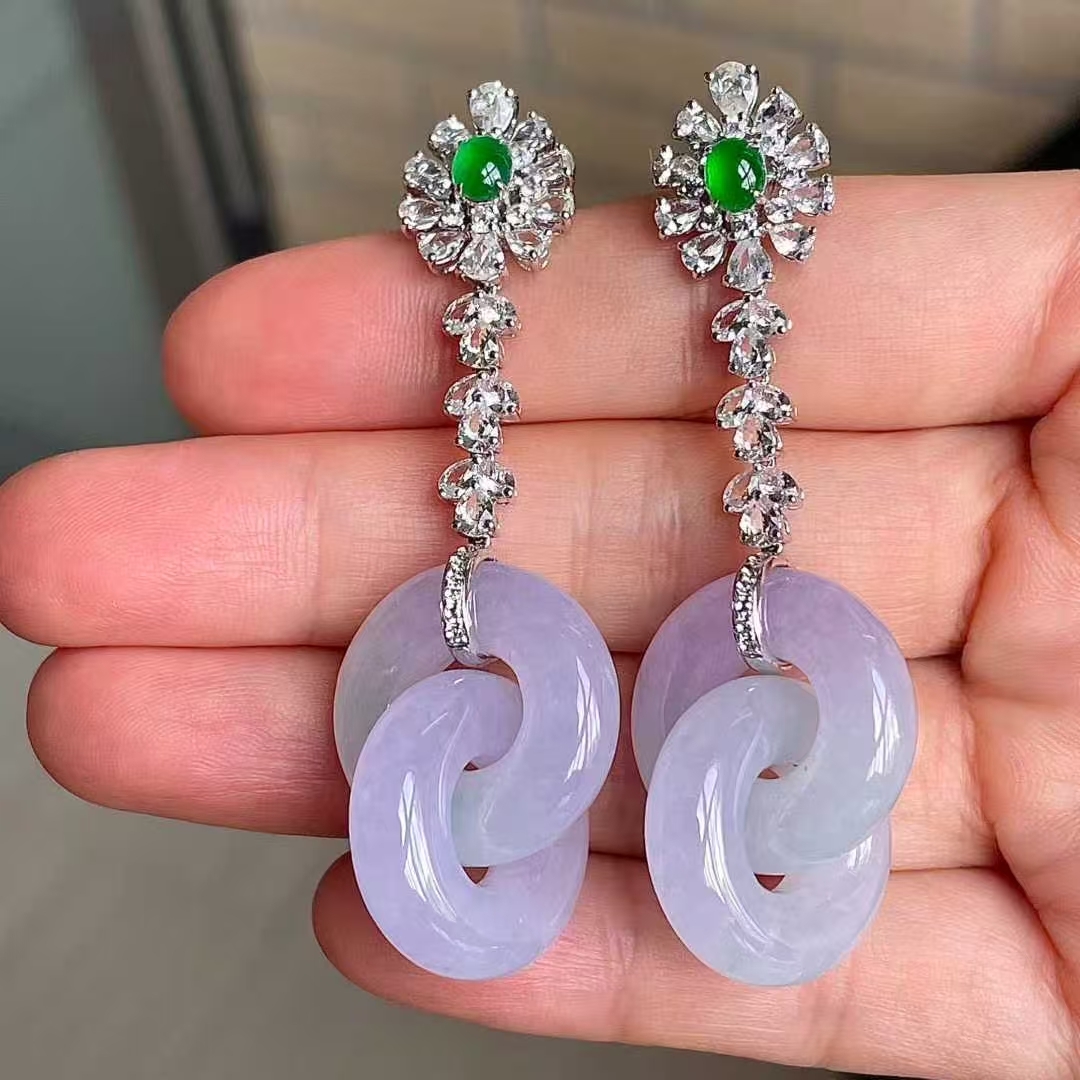 11105544 翡翠冰種紫羅蘭環環相扣耳墜