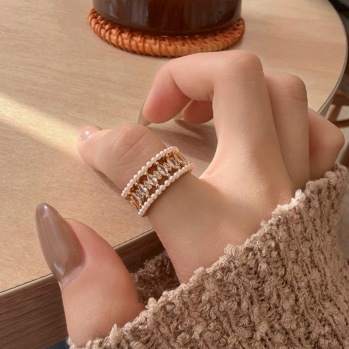 Gy”Opulent宮廷晶鑽小珍珠靈動開口戒