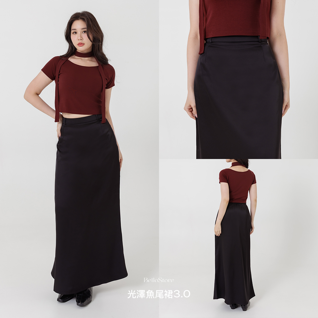 LOOK 1. 優雅比例公式:視覺轉移的修身穿搭術 誰說微肉女孩不能駕馭貼身線條?這套穿搭完美演繹「修飾而不遮掩」的精髓,大方展現身材S曲線。 光澤魚尾裙3.0以自然散開的裙擺勾勒下半身曲線,貼合但不緊繃,視覺上瞬間拉長比例、修飾臀線。 上身搭配法式多穿短袖,微露手臂線條卻不顯壯,搭配繞脖綁帶設計將視覺重心上移至頸部與鎖骨,達到「轉移焦點」的巧妙修飾效果。 這樣的組合不只顯瘦,更散發一種沉穩又氣質的女人味——微肉女孩也能輕鬆穿出高級感。 穿搭 Tips: ✔ 魚尾裙選擇「微挺」布料,能更俐落地修飾下半身線條。 ✔ 若想更顯頸部修長,可將繞脖綁帶交疊於鎖骨處。 ✔ 搭配短靴或尖頭鞋,延伸腿部比例、顯腿長又不失份量感。