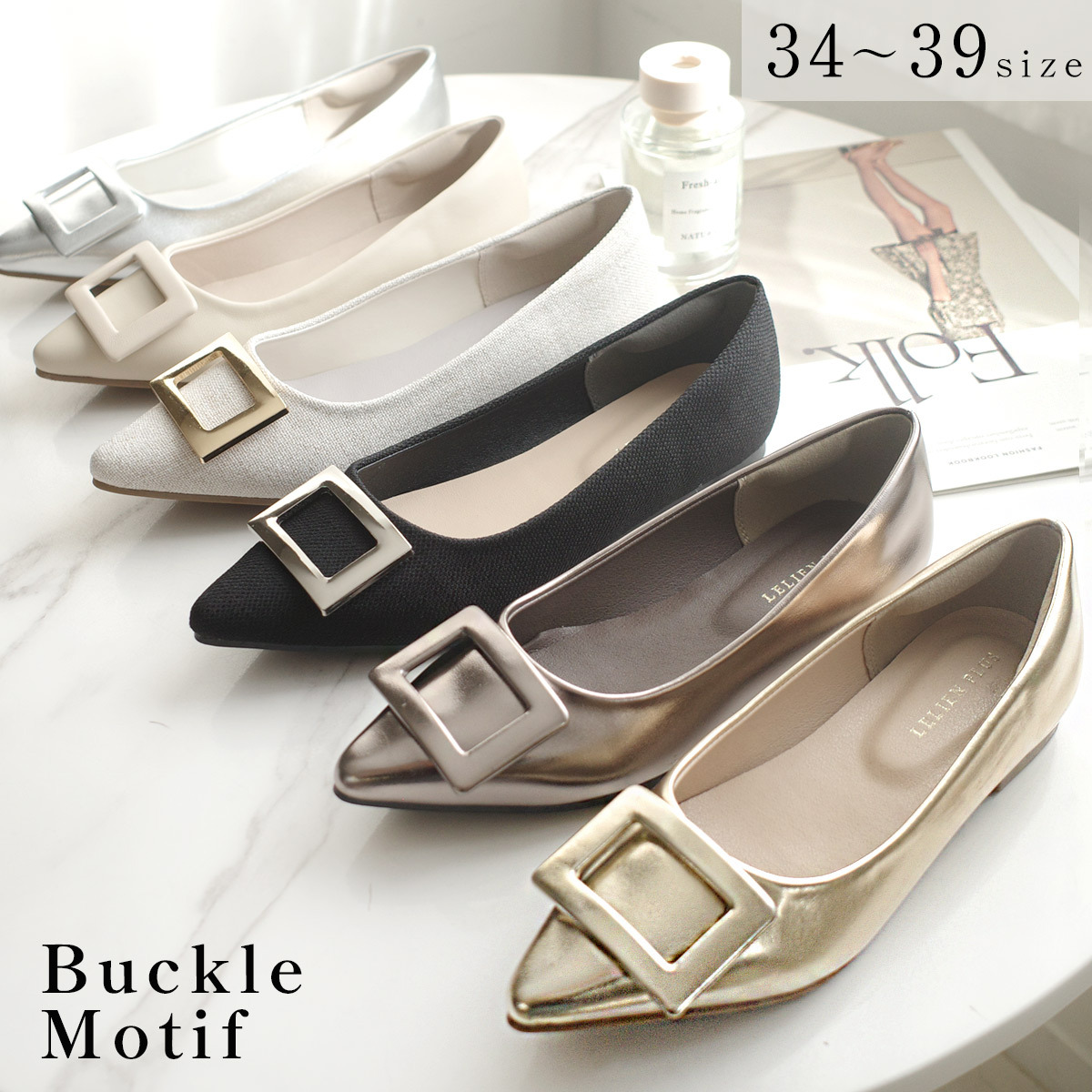 方形飾扣尖頭平底鞋 健步如飛【CX3036】