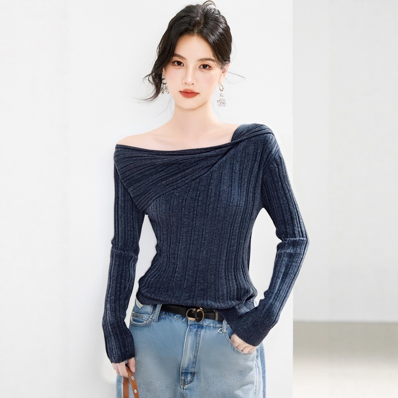 斜肩坑條針織上衣 灰色