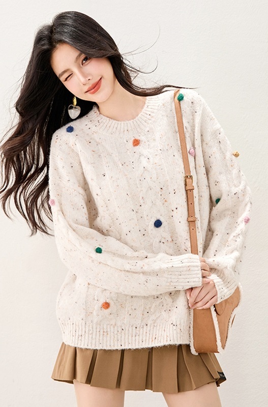 彩球麻花針織上衣毛衣 花杏