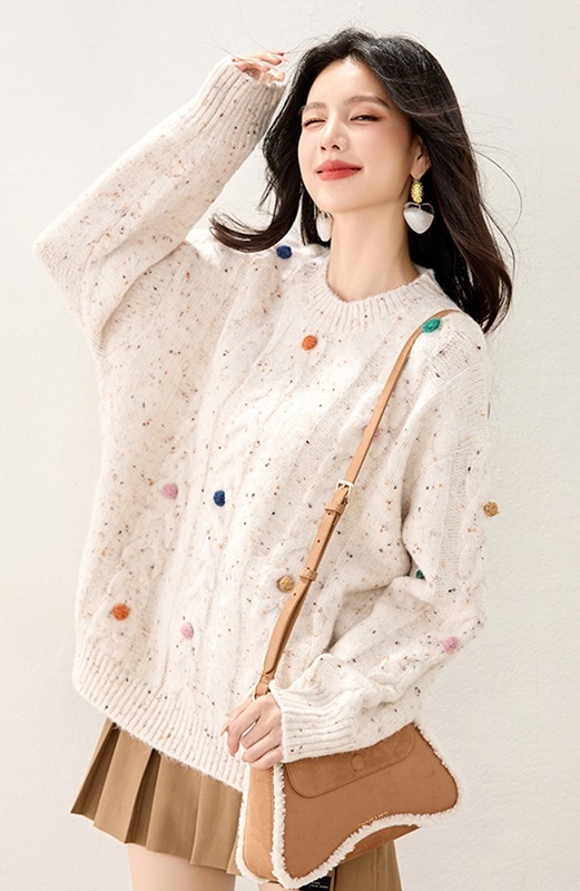 彩球麻花針織上衣毛衣 花杏