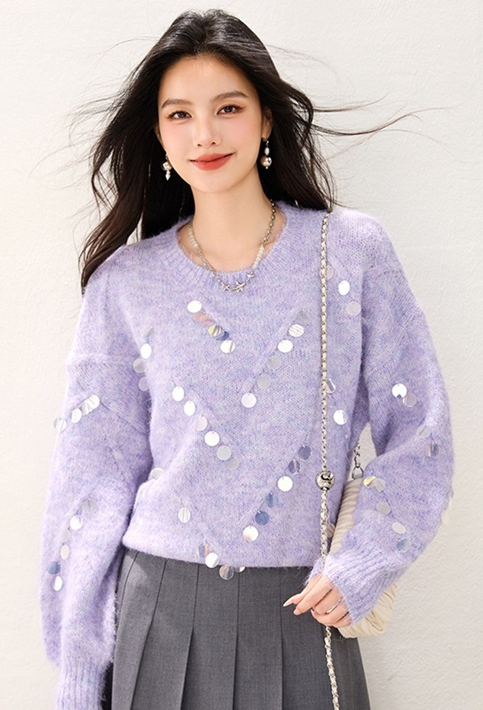 亮片針織上衣毛衣 紫色