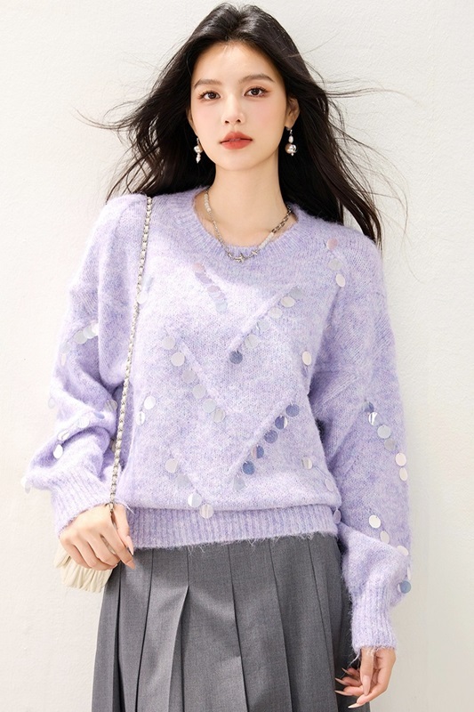 亮片針織上衣毛衣 紫色