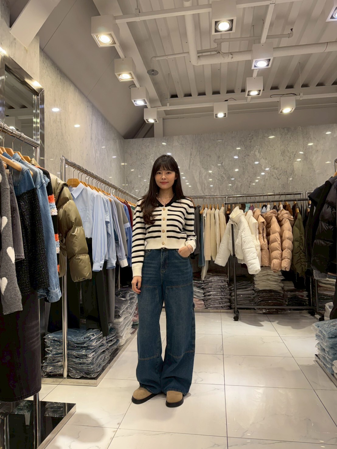 JN5243 水手領拼色間條金排扣上衣