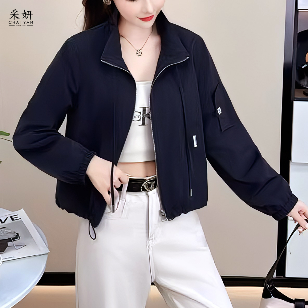 單口袋袖子布標拉鍊抽繩立領外套