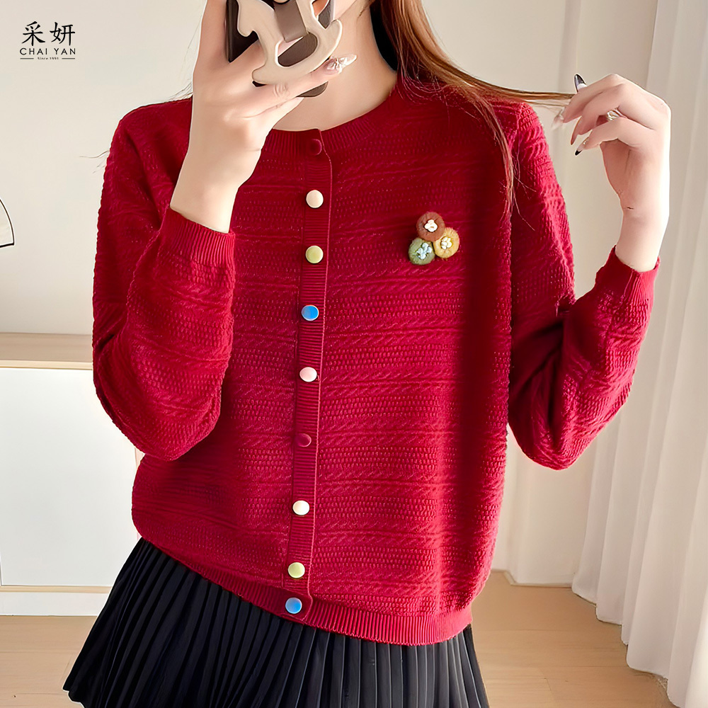 立體紋理織紋針織圓領長袖上衣