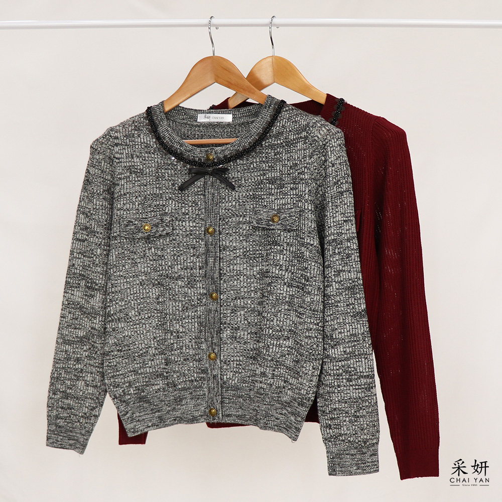 小香風星星扣羅紋針織圓領長袖上衣