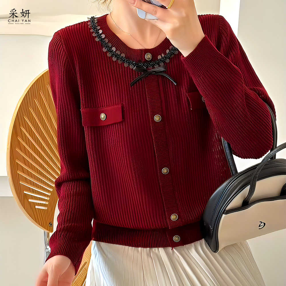 小香風星星扣羅紋針織圓領長袖上衣