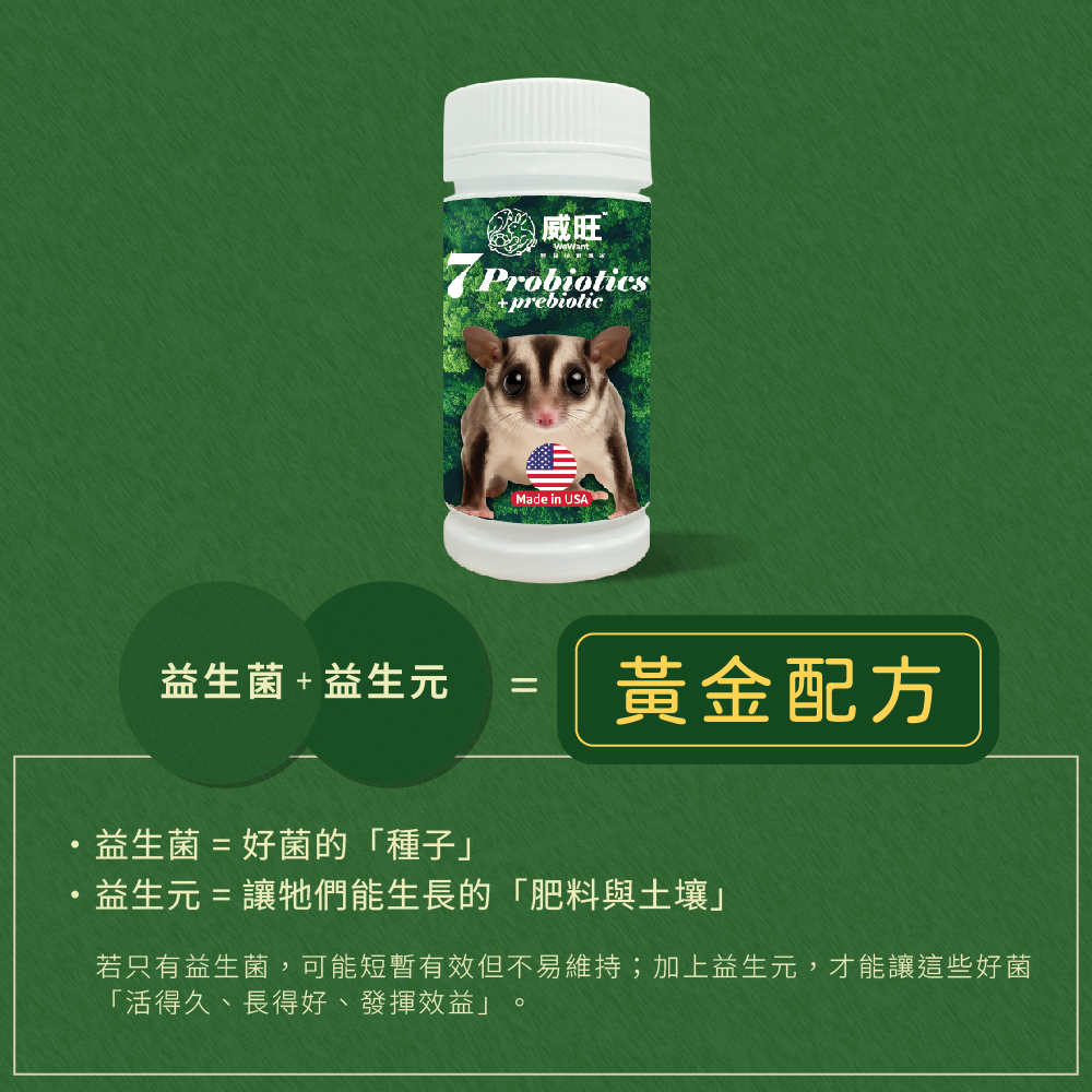 威旺WeWant 蜜袋鼯益生菌+益生元-超能7菌30g，添加益生菌及益生元，雙管齊下雙重功效