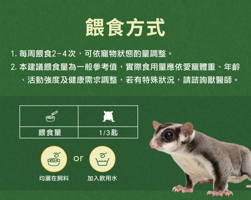 威旺WeWant 蜜袋鼯益生菌＋益生元-超能7菌30g的餵食方式，可撒入飼料或混入飲水，維持腸道健康