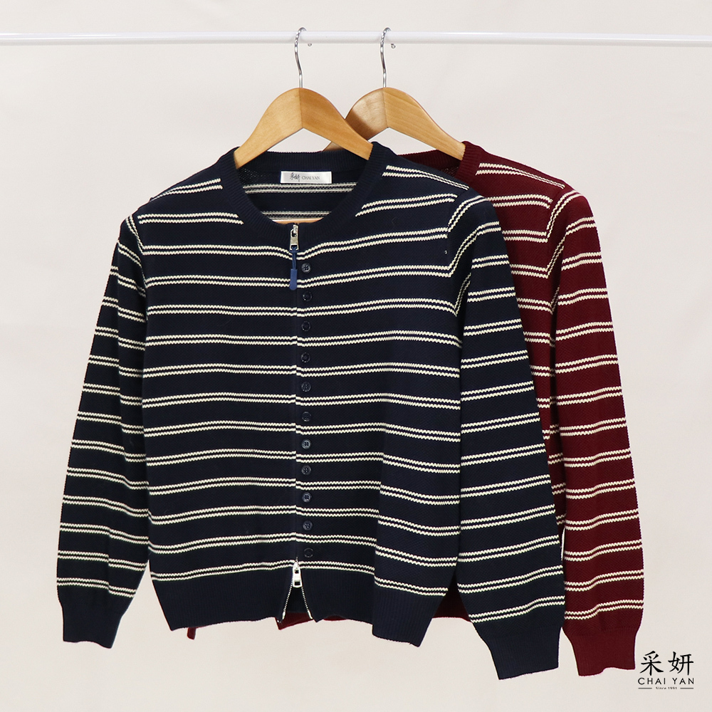 跳色條紋裝飾鈕扣針織圓領長袖外套