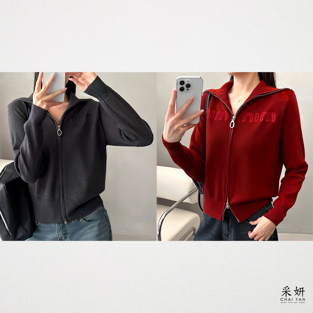 無肩線字母刺繡針織高立領長袖外套