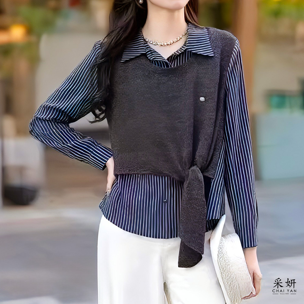 假兩件針織條紋襯衫長袖上衣