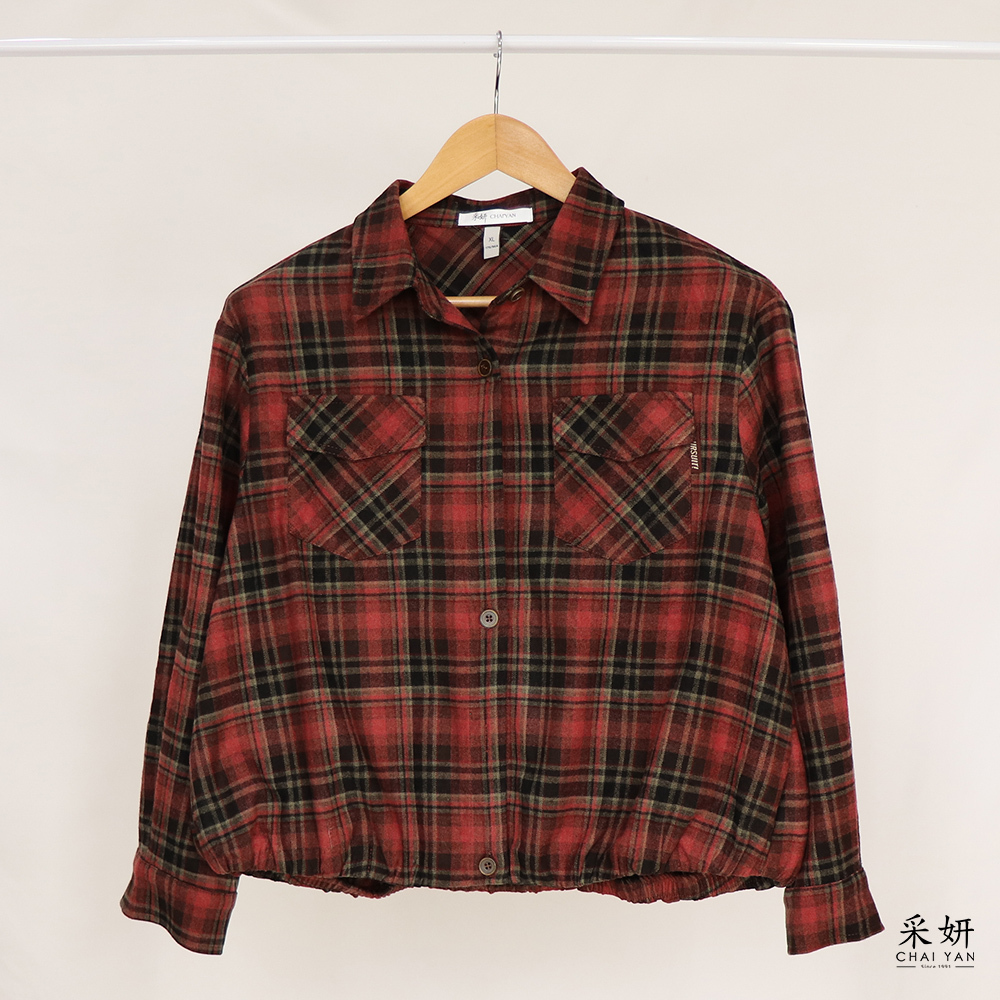 英倫風格紋植絨雙口袋襯衫長袖上衣