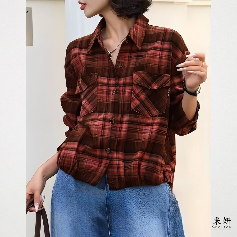 英倫風格紋植絨雙口袋襯衫長袖上衣