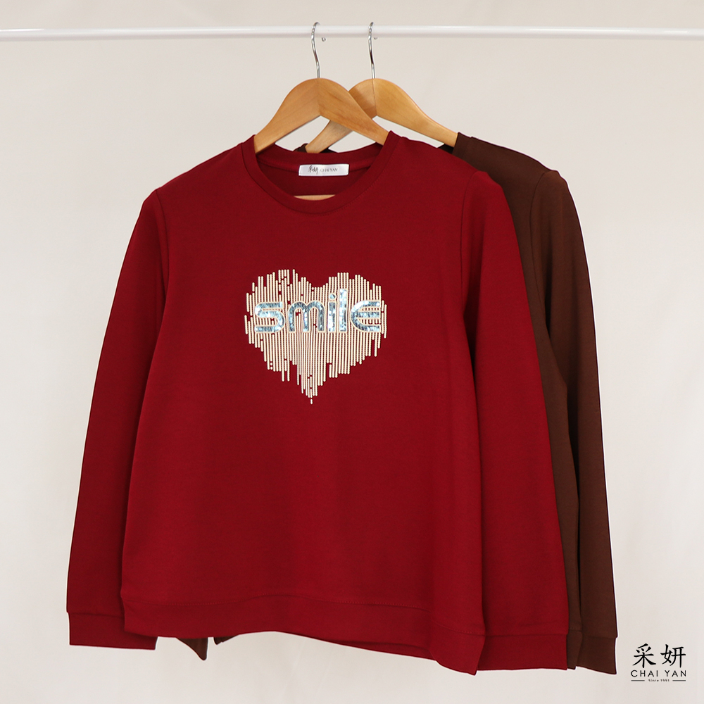 圓圈愛心印花字母刺繡圓領長袖上衣