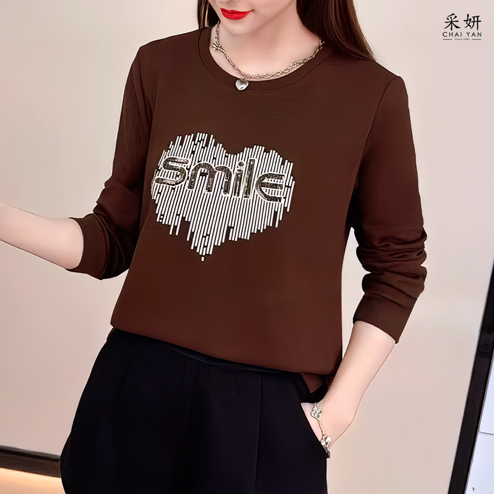 圓圈愛心印花字母刺繡圓領長袖上衣
