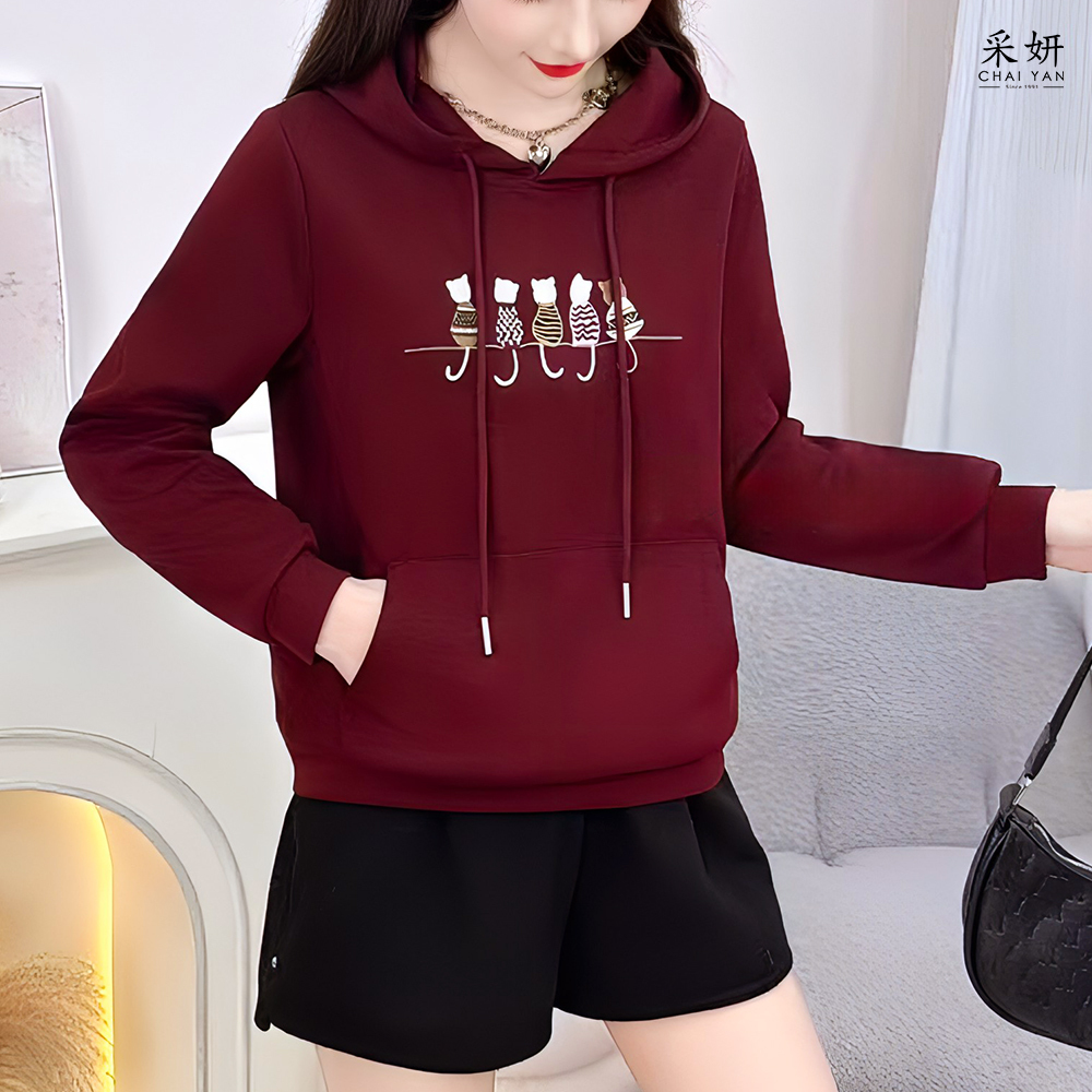 貓咪刺繡口袋抽繩連帽長袖上衣