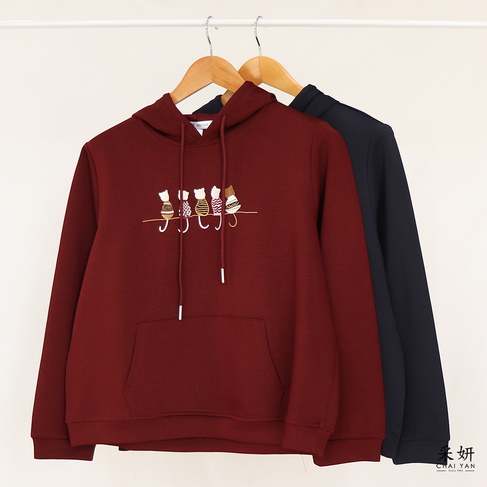 貓咪刺繡口袋抽繩連帽長袖上衣