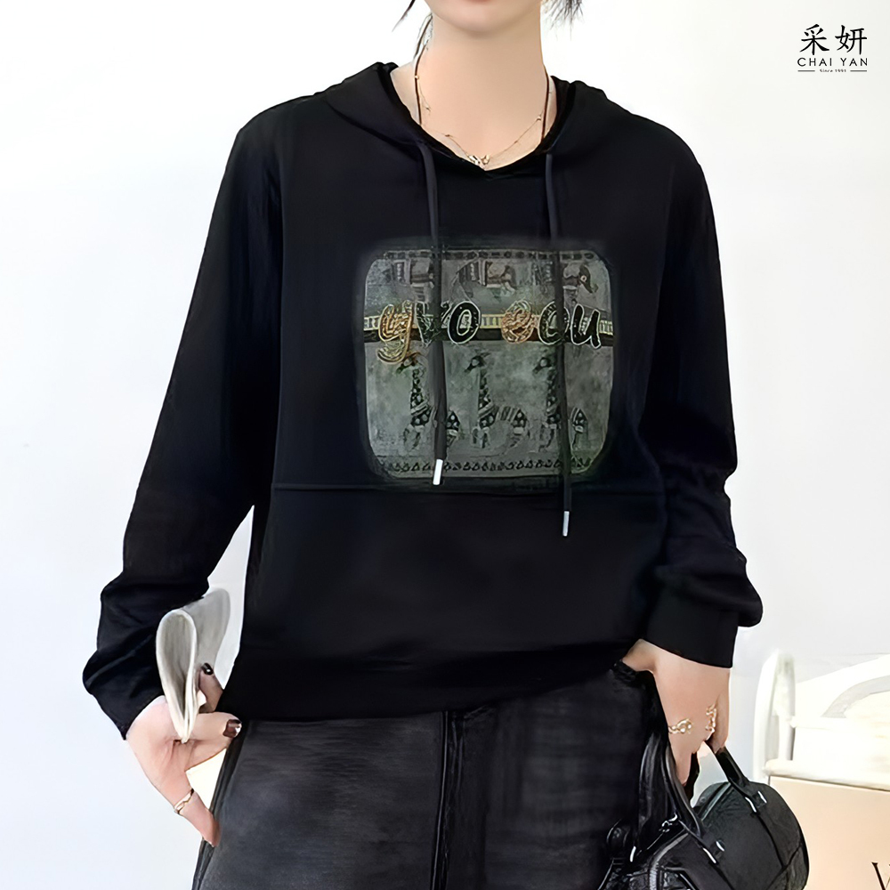 民族風動物印花抽繩連帽長袖上衣