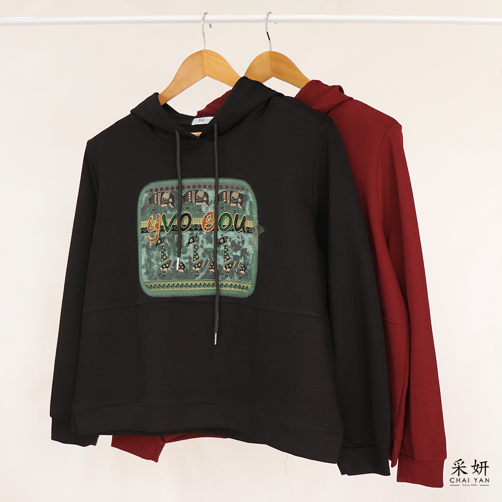 民族風動物印花抽繩連帽長袖上衣