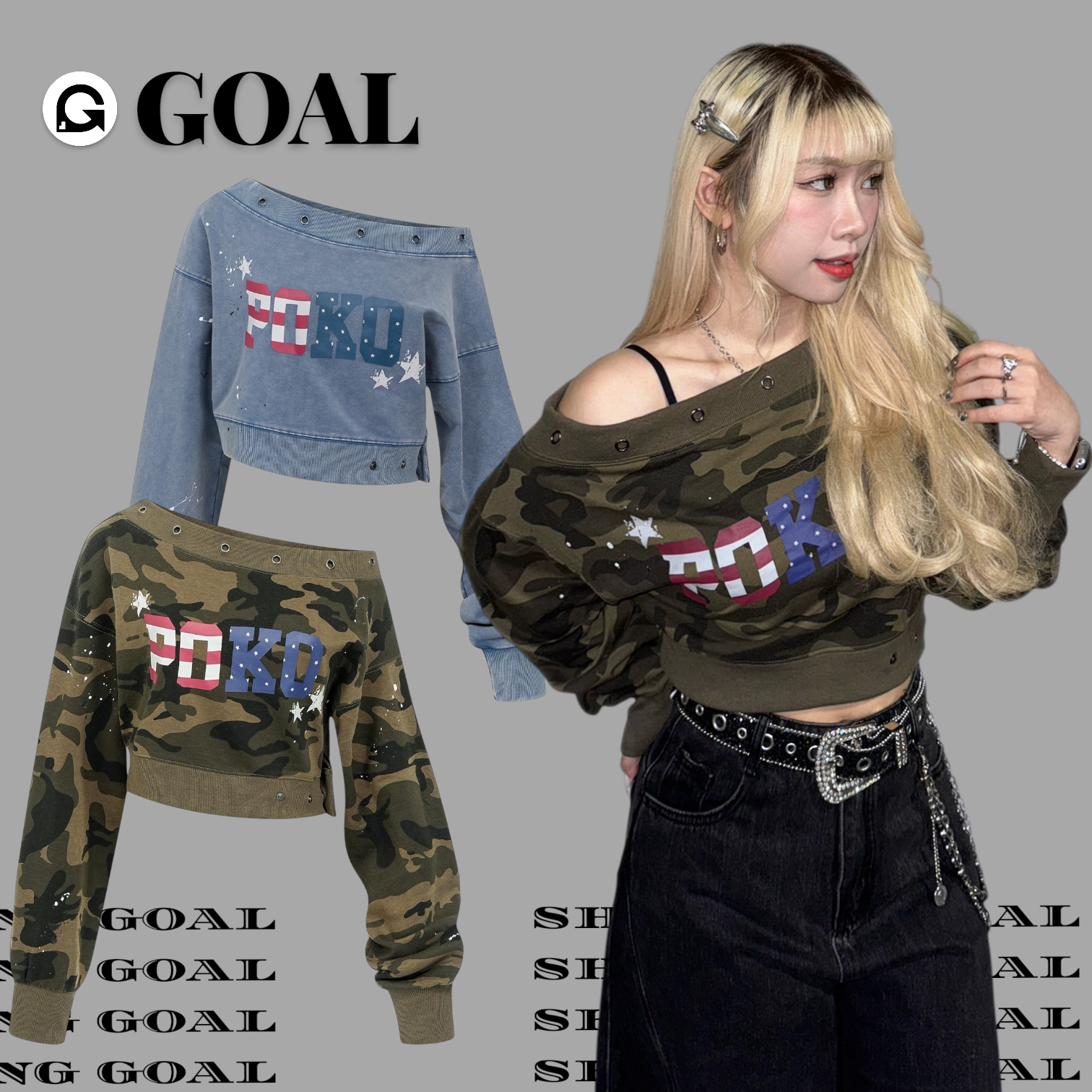 (GOAL)美式迷彩短版斜肩上衣 R8003