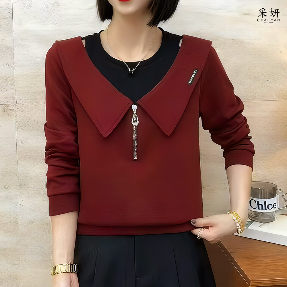 跳色假兩件小露肩圓領長袖上衣