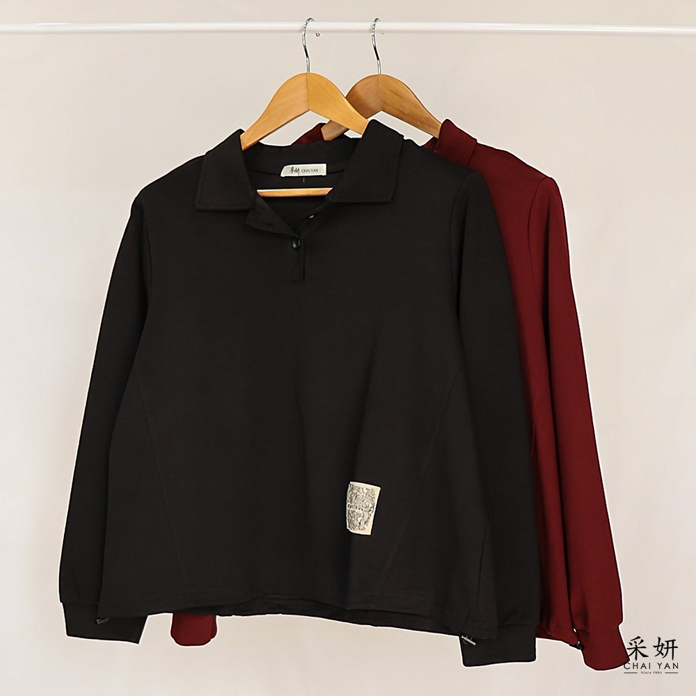 後襟大圖字母印花POLO領長袖上衣