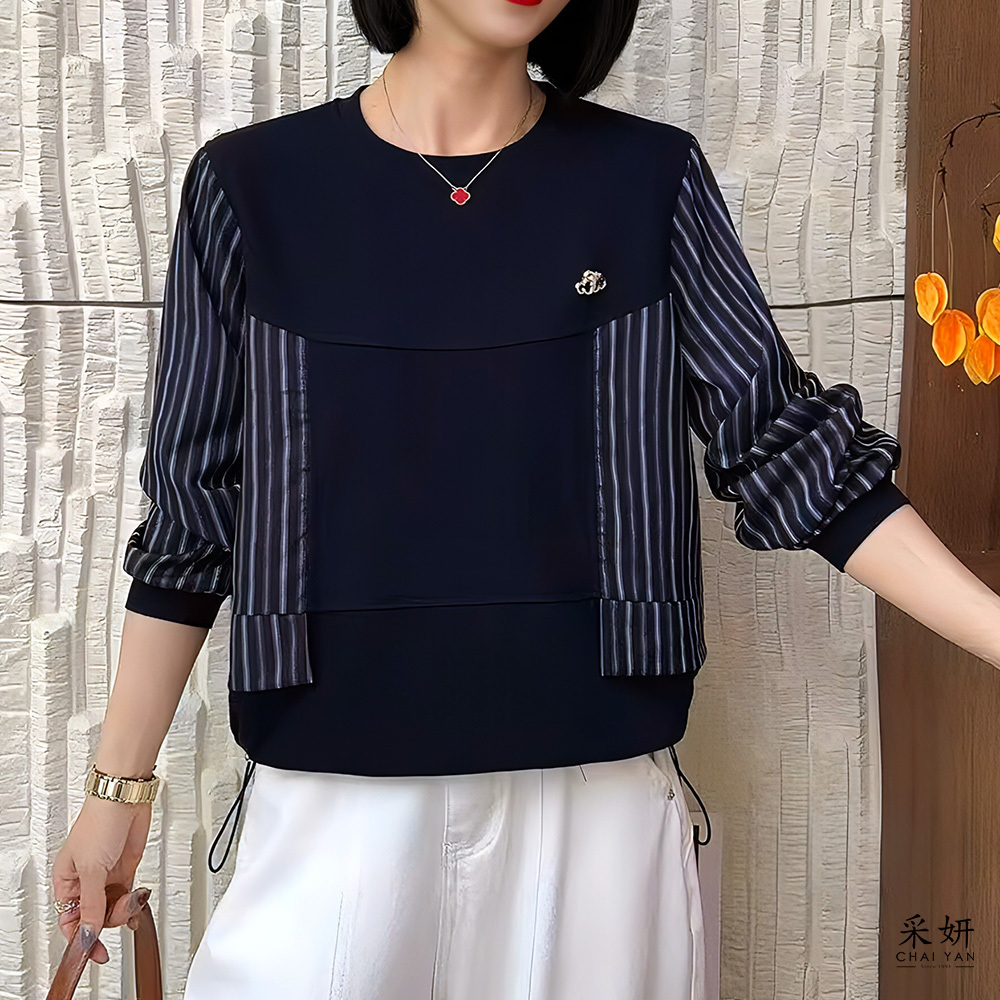 條紋異材質拼接圓領長袖上衣