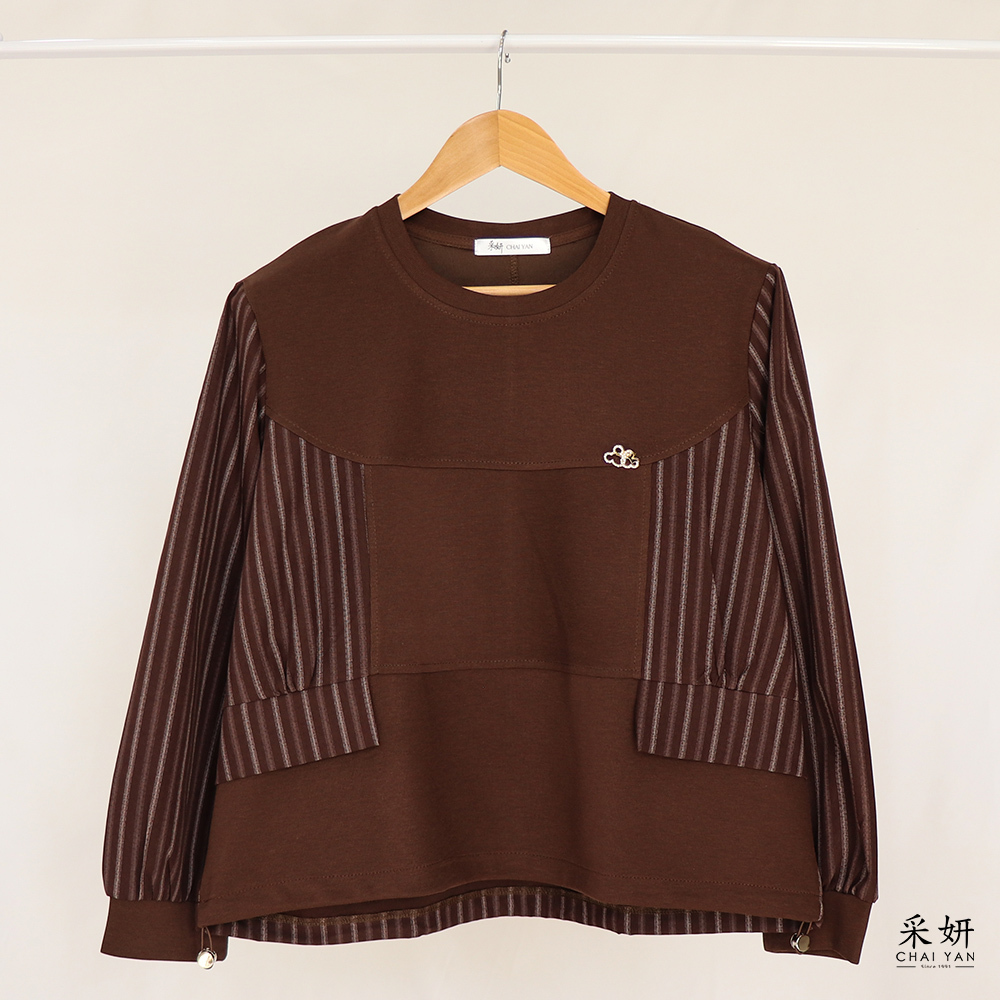 條紋異材質拼接圓領長袖上衣