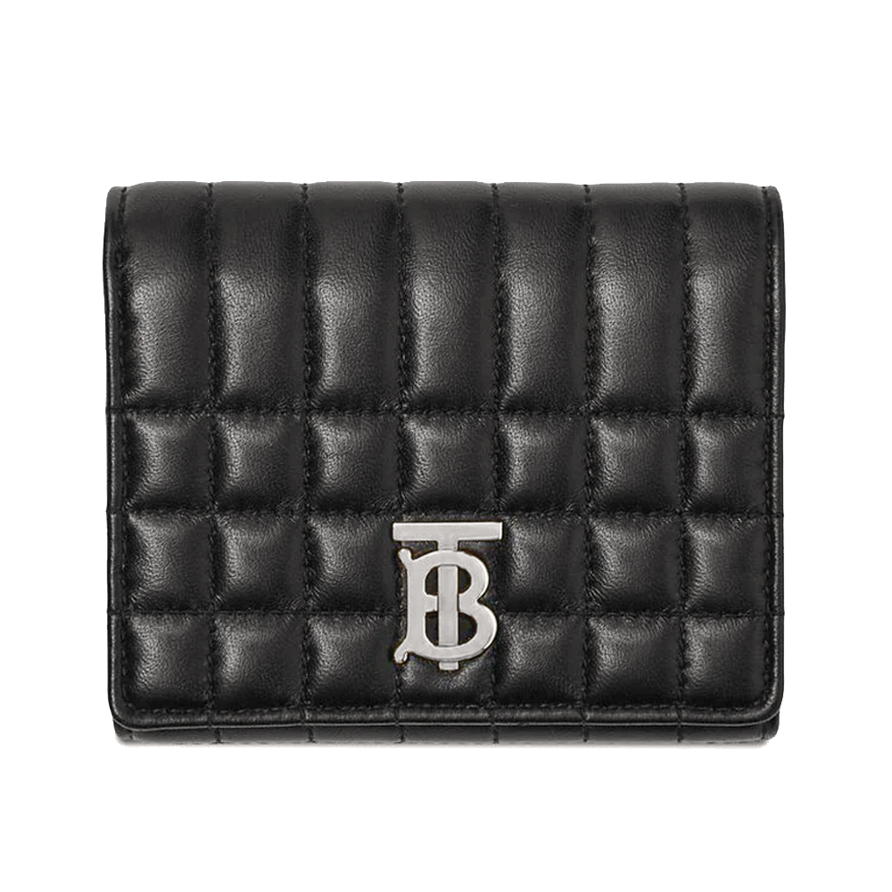 【JS’Maxx】BURBERRY  Lola TB銀字LOGO格紋絎縫羔羊三折短夾(黑色)