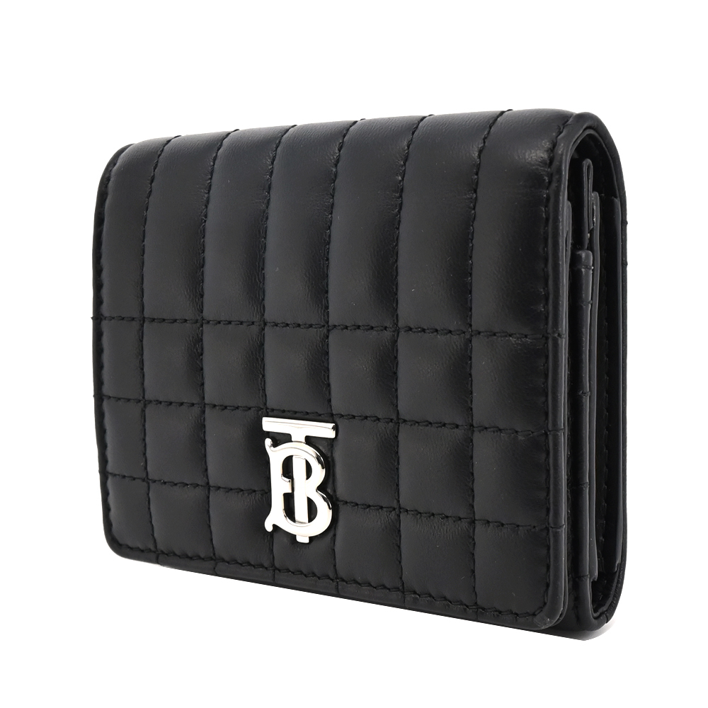 【JS’Maxx】BURBERRY  Lola TB銀字LOGO格紋絎縫羔羊三折短夾(黑色)
