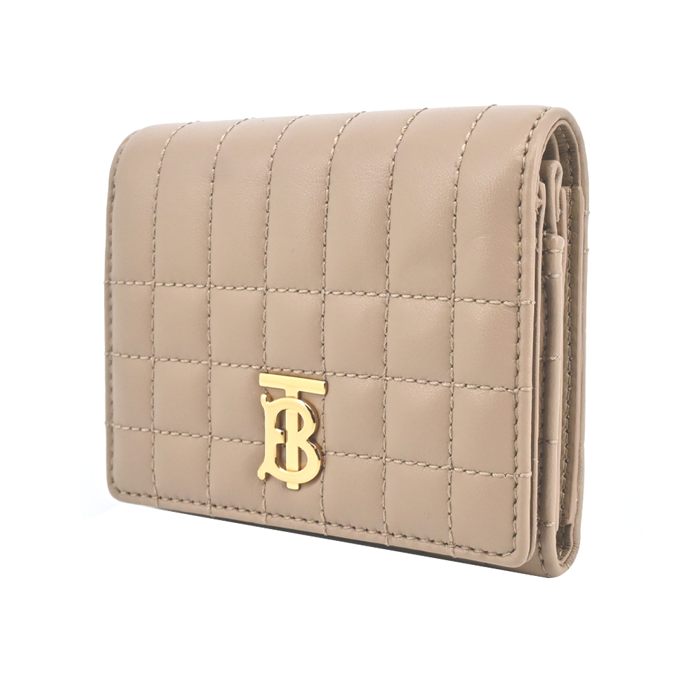 【JS’Maxx】BURBERRY  Lola TB金字LOGO格紋絎縫羔羊三折短夾(米色)