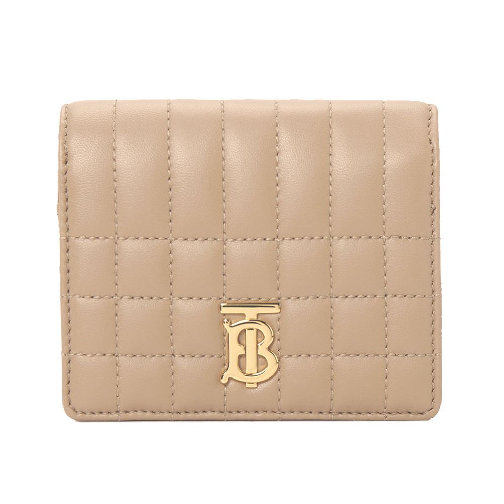 【JS’Maxx】BURBERRY  Lola TB金字LOGO格紋絎縫羔羊三折短夾(米色)