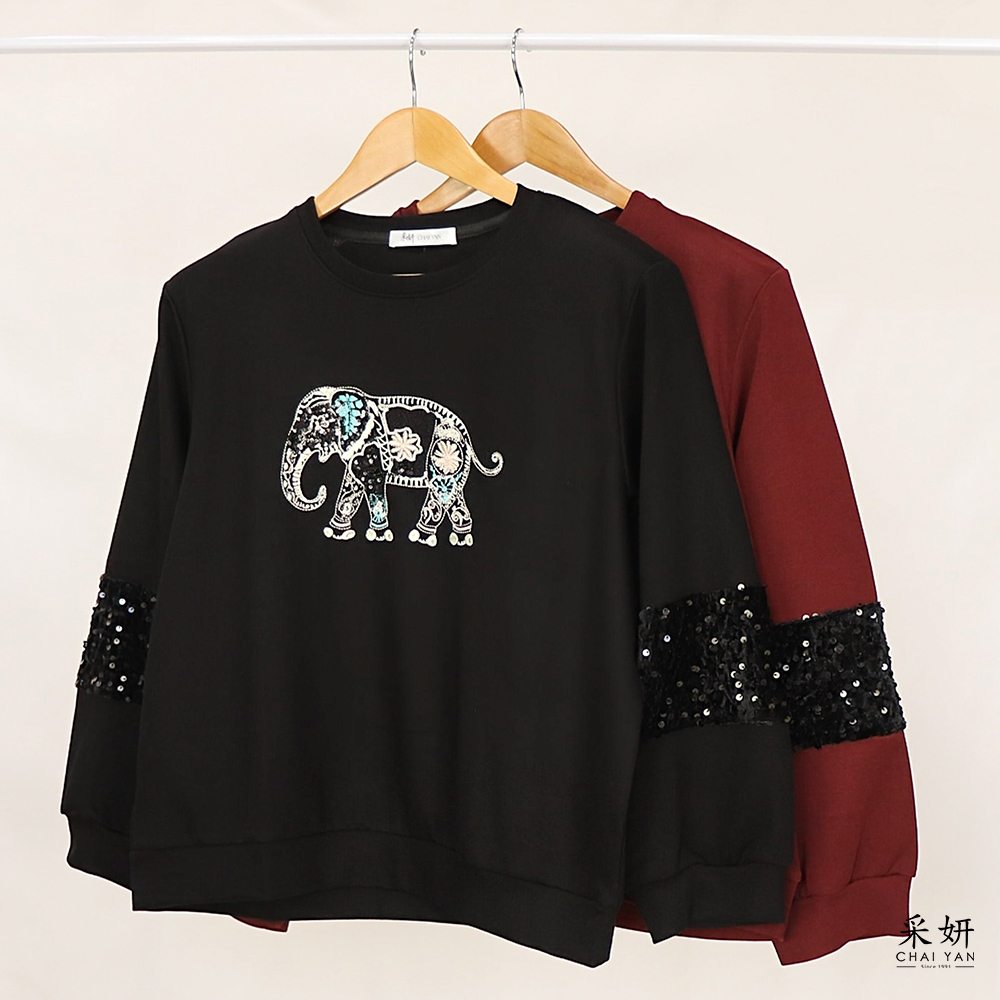 圖紋大象刺繡亮片滑棉圓領長袖上衣