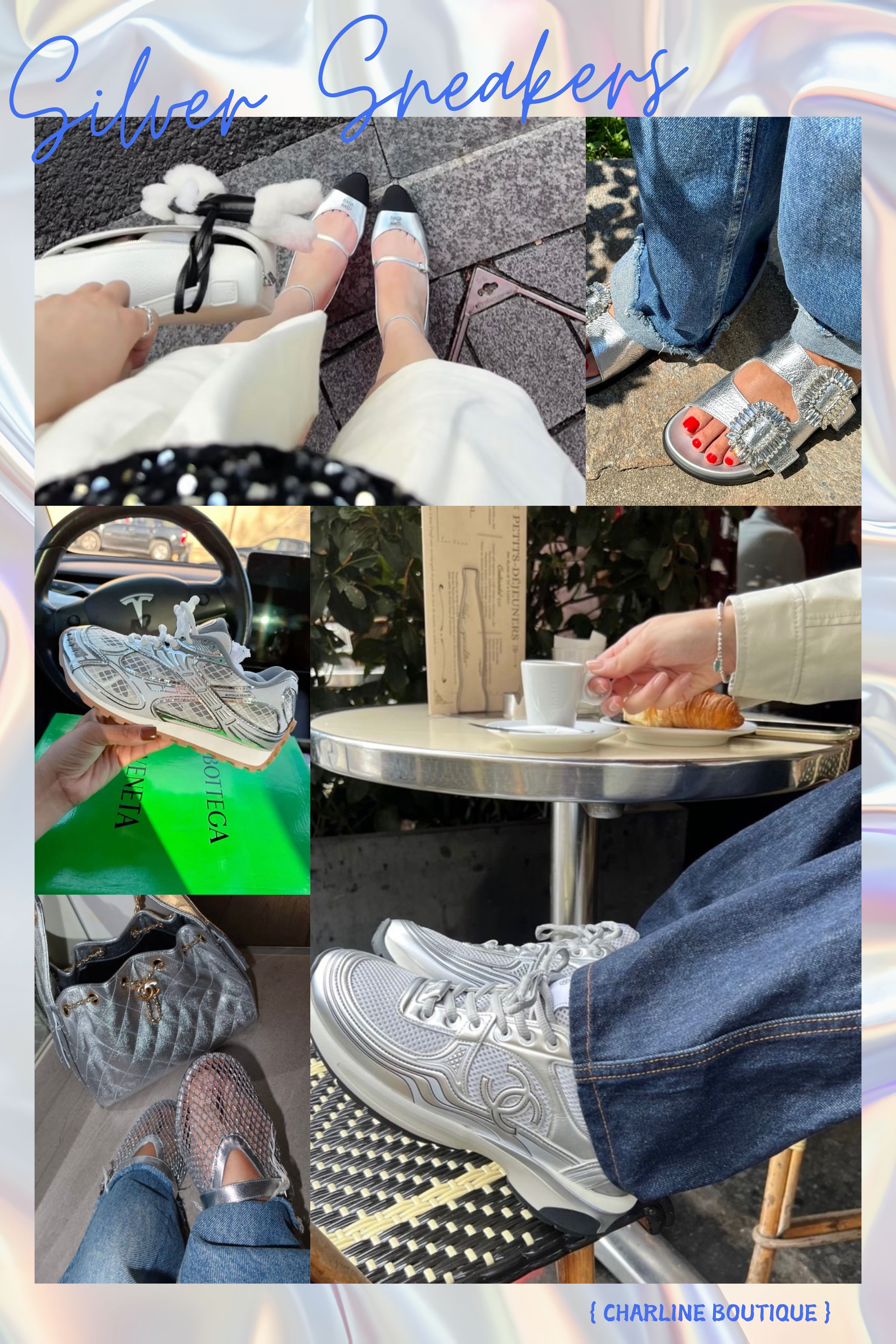 隨著越來越多人開始關注銀色系鞋款的穿搭細節，關於材質、尺寸、耐穿度與挑選技巧的問題也變得更常見。以下 10 個相關的問與答，肯定能讓您能更快找到最適合自己的精品銀色鞋。一起來看看吧！  銀色鞋履相關Q&A  Q1：銀色鞋好搭嗎？日常穿會不會太亮？  A：其實銀色鞋比大家想像中更百搭，只要搭配黑、白、灰或丹寧這些基本色，就能自然融入日常穿搭。Charline Boutique 親身觀察，很多女孩穿上後都覺得反而讓整體造型更乾淨、俐落，也不會過度搶眼，是「一穿就回不去」的那種亮點單品。    Q2：Chanel 銀角大王與銀色德訓鞋該怎麼選？哪一雙更百搭？  A：Chanel 銀角大王和銀色德訓鞋在百搭性上各有優勢，但風格定位不同：銀色德訓鞋更適合日常休閒穿搭，而銀角大王則偏向精緻街頭風。Charline Boutique 觀察到，多數第一次嘗試銀色鞋的女孩，會先選尖圓頭、穿搭風險較低的銀色德訓鞋，因為它的設計更簡約，能輕鬆搭配牛仔外套、寬褲或皮衣，呈現復古又舒適的休閒感；若本身較愛時髦或想讓整體造型亮眼一些，銀角大王的辨識度明顯更高，銀角細節也能打造更有質感的法式都會風，搭配西裝褲或短裙都能展現極佳的時尚效果。    Q3：Miu Miu 的瑪莉珍鞋好穿嗎？  A：Miu Miu 的瑪莉珍鞋以柔軟鞋面、輕量設計和良好的腳背包覆度聞名，大多數人穿上第一步就能感受到舒適度。Charline Boutique 的經驗是，平底和低跟款的穩定度最好，適合久走或通勤；而銀色款與銀蔥系列雖然外型更亮眼，但穿起來仍保有 Miu Miu 一貫的柔軟度，不會有硬鞋邊摩腳的問題。無論搭褲裝或裙裝都能快速拉高精緻度，是外型與舒適兼具、最不容易踩雷的入門精品鞋之一。    Q4：Alaia 有什麼熱門的鞋款？  A：Alaia 近年最熱門的鞋款包含洞洞漁網鞋與芭蕾舞鞋兩大系列，其中以標誌性的漁網鞋最具代表性，外型前衛、有記憶點，品牌辨識度極高，是時尚圈與潮流愛好者最常選擇的款式。Charline Boutique 留意到這雙鞋因為透氣、腳背包覆佳，穿起來比外型看起來更舒服，且搭配褲裝或洋裝都能立刻拉高造型感。另一個討論度快速上升的是平底芭蕾舞鞋，線條乾淨、鞋底柔軟，不挑腳型，適合久走與日常通勤，是不少客人回購率最高的 Alaia 入門款。    Q5：Bottega Veneta的鞋子好穿嗎？有什麼熱門款？  A：Bottega Veneta 的鞋子整體來說屬於「外型時髦、實穿度中上」的類型。如果是第一次想入手 BV 鞋款，Charline Boutique 的經驗是可以優先從運動鞋或短靴開始，實穿程度最高、也最容易搭配。以下是最受歡迎、搭配度高的熱門鞋款總整理：  Orbit ： 90 年代復古球鞋風、網狀編織細節、腳感輕盈。  Jumbo ： 厚底復古造型、多色選擇，也有高筒版本。  BV Tire Boots： 波浪形橡膠大底，高筒與低筒皆有，耐走、存在感強。  Mesh Pumps： 金屬網狀、方頭鞋型，可拆式金色腳鍊，造型亮眼。  Stretch／Lido 涼鞋： 編織或綁帶設計，百搭、適合春夏穿搭。    Q6：Roger Vivier 的銀色鞋哪一款最推薦？  A：Roger Vivier 的銀色鞋款之所以特別受歡迎，是因為它把品牌招牌的優雅與金屬亮感做得恰到好處，不論高跟、平底或運動鞋，都能展現法式精緻又帶一點未來感。Charline Boutique 觀察到，很多客人第一次嘗試銀色鞋時，會從 RV 開始，原因是它的銀色不會太浮誇、搭配度也很高，而且不同材質（亮面、霧面、滑面）穿起來呈現的質感都很細緻。以下是 Roger Vivier 最受歡迎的銀色鞋款整理（名稱皆已統一為英文）：  Belle Vivier Pump： 經典方釦搭配水晶飾扣，優雅又正式，適合宴會、活動、半正式穿搭。  Belle Vivier Ballerina）： 舒適、低調奢華，很多客人跟 Charline Boutique 分享過，這雙是她們穿最久也最不容易累的銀色 RV。  Viv' Run Sneake： 將品牌標誌方扣融入流線運動鞋外型，時髦又好走，Charline Boutique 的經驗是這雙在銀色款裡詢問度最高。  Viv' Skate Sneaker： 基本休閒鞋搭配亮面鑽扣，個性更強、穿搭亮點更明顯，很受喜歡街頭風的女孩歡迎。  整體來說，Roger Vivier 的銀色鞋款選擇相當完整、從優雅到休閒都能找到適合的款式。Charline Boutique 整理後的心得是：如果想找一雙「不誇張但效果很強」的銀色鞋，RV 會是極好入手的品牌。    Q7：銀色鞋容易氧化或掉色嗎？  A：銀色鞋是否容易氧化主要取決於品牌使用的金屬皮革處理方式，但大多數精品的銀色材質都比想像中耐用，不太會出現明顯掉色或變暗的情況。Charline Boutique 觀察到，真正容易影響光澤的其實是灰塵和摩擦，而不是氧化本身。只要在穿完後稍微擦拭、避免和尖銳物品碰撞，銀色鞋的亮度能維持很久。若長期收納，放在鞋盒或防塵袋中能讓金屬光澤保持得更完整，不需要特別複雜的保養方式。    Q8：除了銀色最近還流行什麼鞋款？  A：除了銀色鞋款之外，今年最熱門的鞋履趨勢還包括金屬色延伸出的霧金與香檳金、厚底瑪莉珍、復古跑鞋、芭蕾舞鞋，以及帶有立體細節的蝴蝶結鞋款。Charline Boutique 觀察這幾年的趨勢，發現女孩們越來越偏好「好穿又有造型感」的設計，像是柔軟版的芭蕾平底、復古慢跑鞋、以及有厚底但不笨重的瑪莉珍鞋都是詢問度非常高的類別。這些鞋款不僅容易搭配，也能在日常穿搭中增加一點精緻度，是近期非常值得關注的時尚亮點。    Q9：想買第一雙銀色鞋子，怎麼選最不會後悔？  A：想買第一雙銀色鞋，最不會後悔的方式就是從「鞋型簡單、亮度適中、搭配彈性高」的款式開始，例如銀色德訓鞋、基本款銀色球鞋或平底瑪莉珍，這三類最能兼顧百搭度與實穿度。Charline Boutique 自己覺得，亮度太高或線條太前衛的款式容易挑風格，而霧銀或柔光銀反而在日常穿搭中更自然，不管配丹寧、素色套裝或小裙子都不會衝突。如果你第一次嘗試銀色鞋，又想兼顧時髦與耐穿，從這些經典版型下手幾乎不會出錯。    Q10：除了鞋子外有推薦的銀色包款嗎？  A：如果您喜歡銀色鞋款的未來感、亮面金屬光澤與 Y2K 風格，那以下這些 銀色精品包款 也同樣非常受歡迎，清爽、閃耀、百搭。Charline Boutique 觀察到，很多女孩在嘗試銀色單品時，通常會先從包款開始入手，更耐搭也更能提升整體質感。  CHANEL：不只 2.55、Classic Flap、19 到 22 系列都推出過銀色版本，從亮面到霧面都有。特色是 金屬光澤搭配鍊條最有辨識度，在 Charline Boutique 親身觀察裡，銀色 22 Mini 是詢問度最高的「零失誤入門款」。  Miu Miu：銀色 Wander、Arcadie、小尺寸手提包與厚皮革亮銀款都很熱門。特色是 甜酷 Y2K 氣息強，尤其 Wander 銀色在實際代購過程中最常被年輕女孩詢問。  Bottega Veneta（BV）：Mini Jodie、Andiamo、Candy Jodie 都有銀色版本。編織遇上金屬銀會變得特別精緻，Charline Boutique 發現不少不喜歡 Logo 的客人都從銀色 Jodie 入手。  Balenciaga：Hourglass、Le Cagole、Crush 都有銀色版本。特色是高亮金屬色呈現很強存在感，很多客人跟 Charline Boutique 分享過派對最常背它家銀色