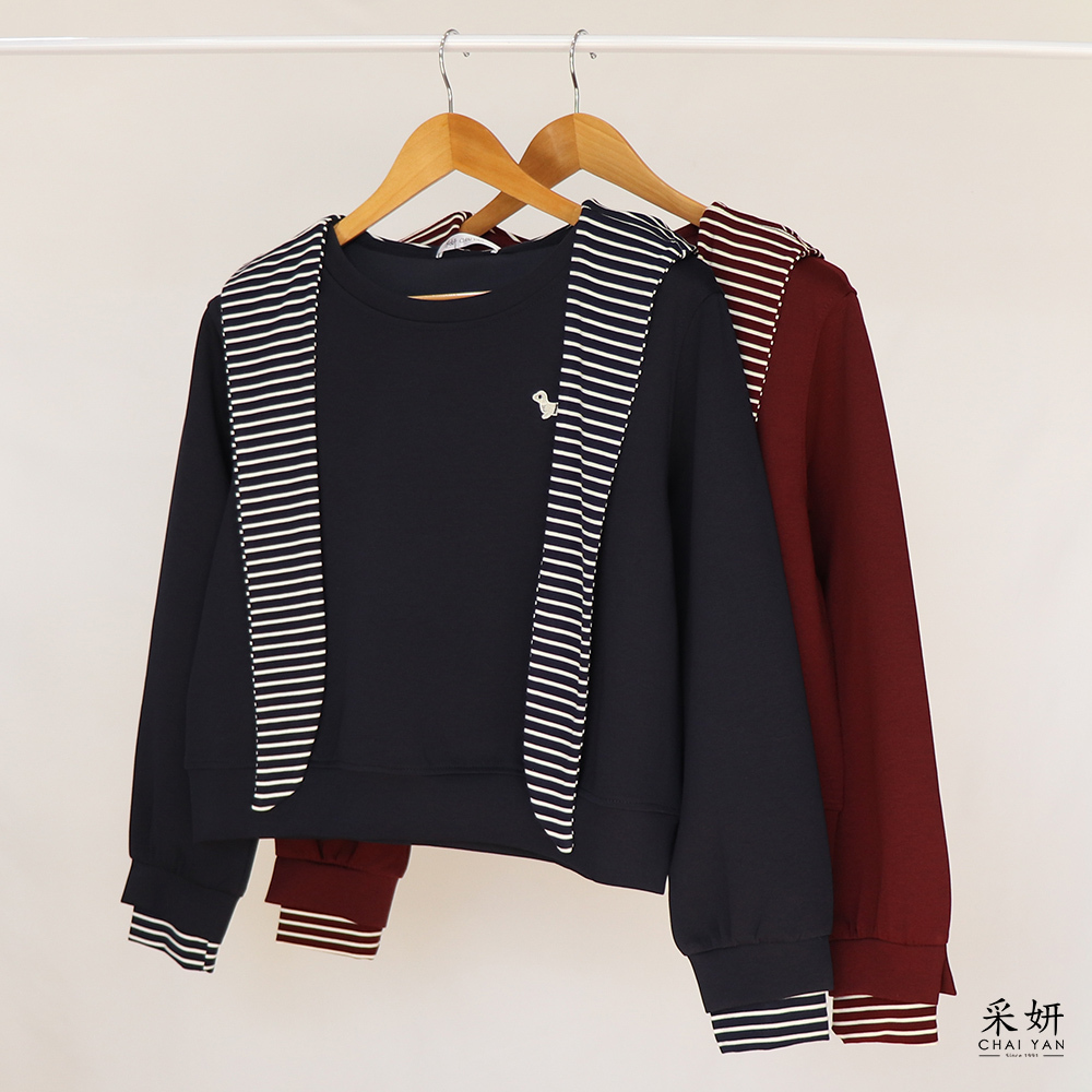 條紋布料拼接滑棉圓領連帽長袖上衣