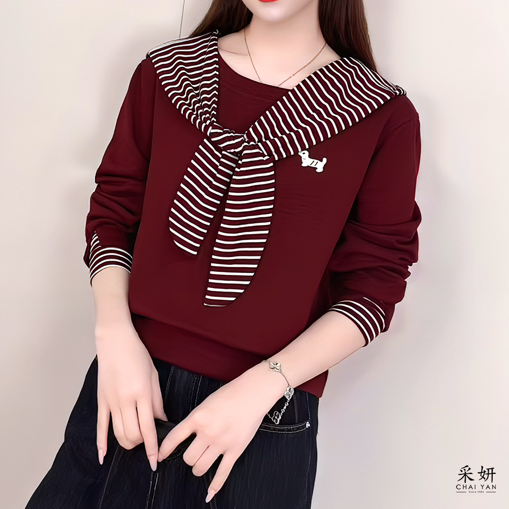 條紋布料拼接滑棉圓領連帽長袖上衣